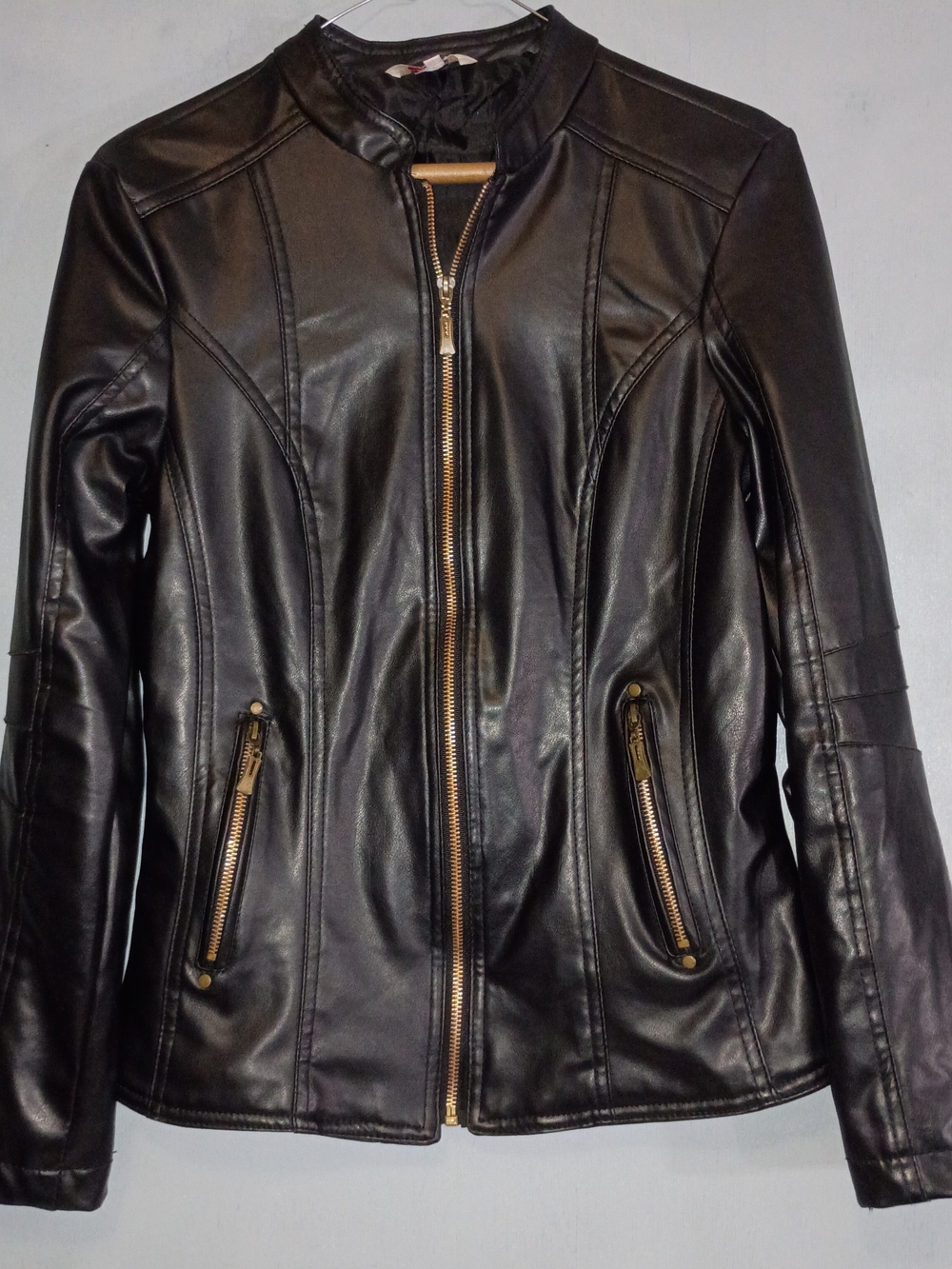 Redtag Women's Black Faux Leather Zip-Front Jacket with Gold Hardware